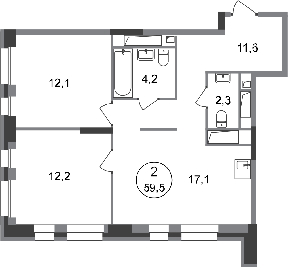 2-комнатная 59 м2 в ЖК Первый Московский корпус null этаж 14