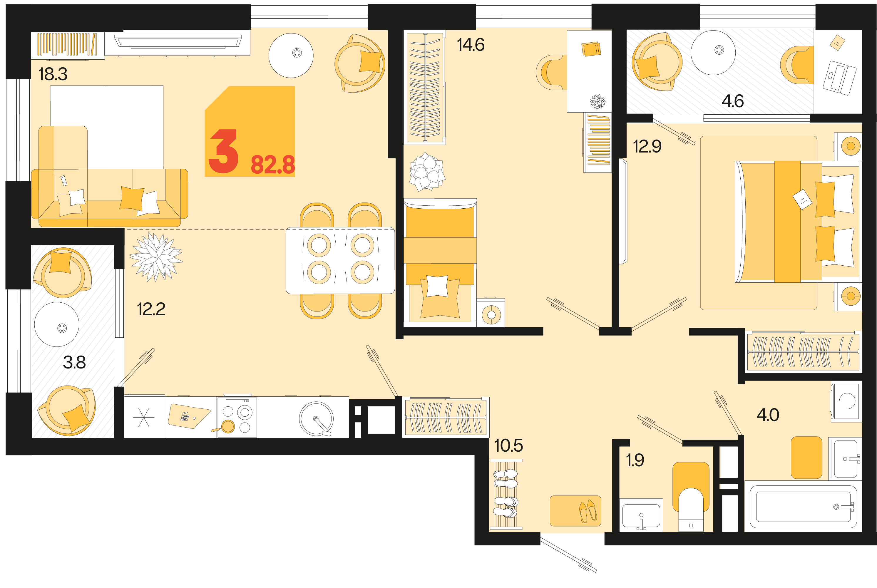 3-комнатная 82 м2 в ЖК Первое место корпус null этаж 5