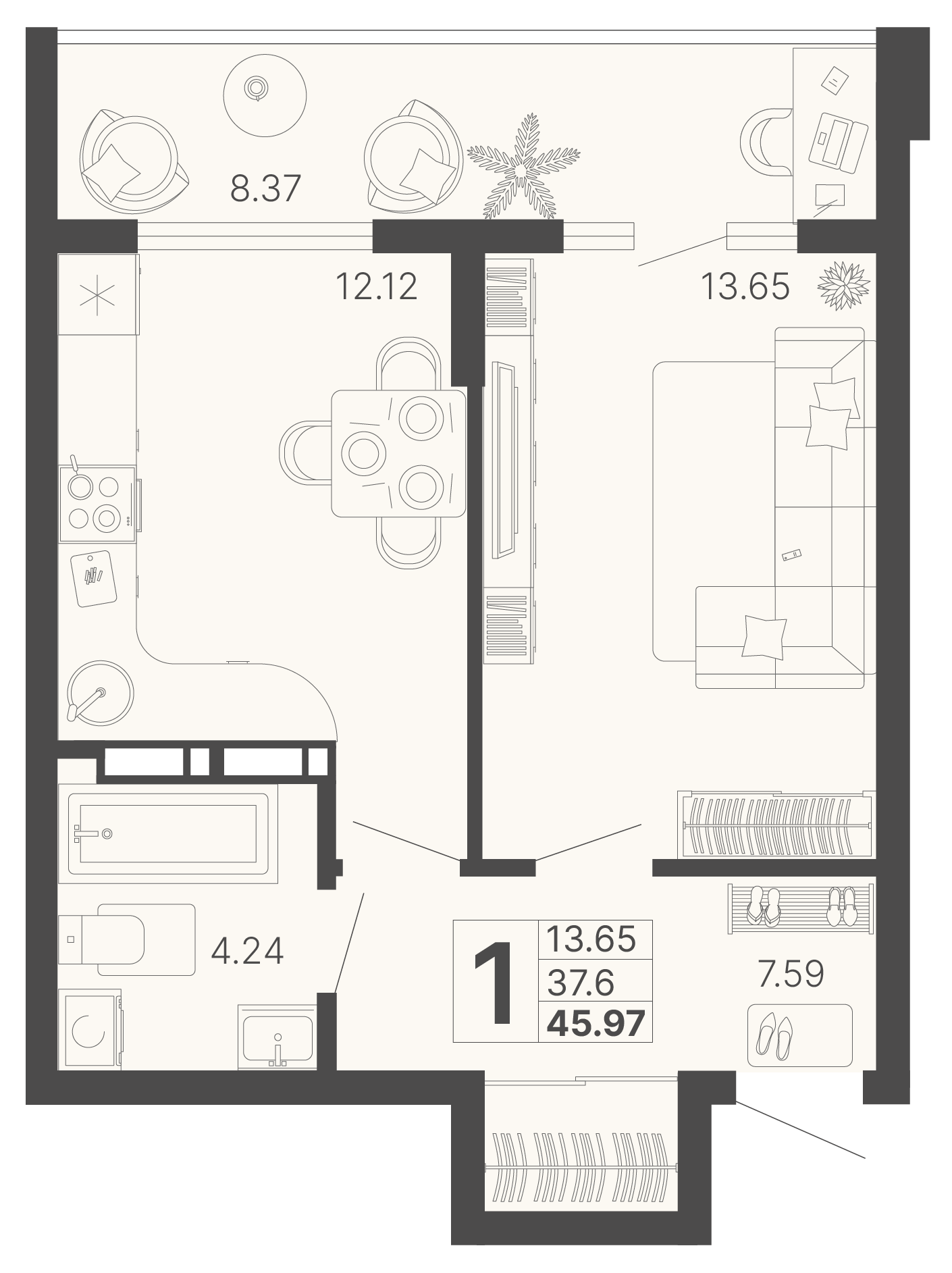1-комнатная 45 м2 в ЖК Светский лес корпус null этаж 9