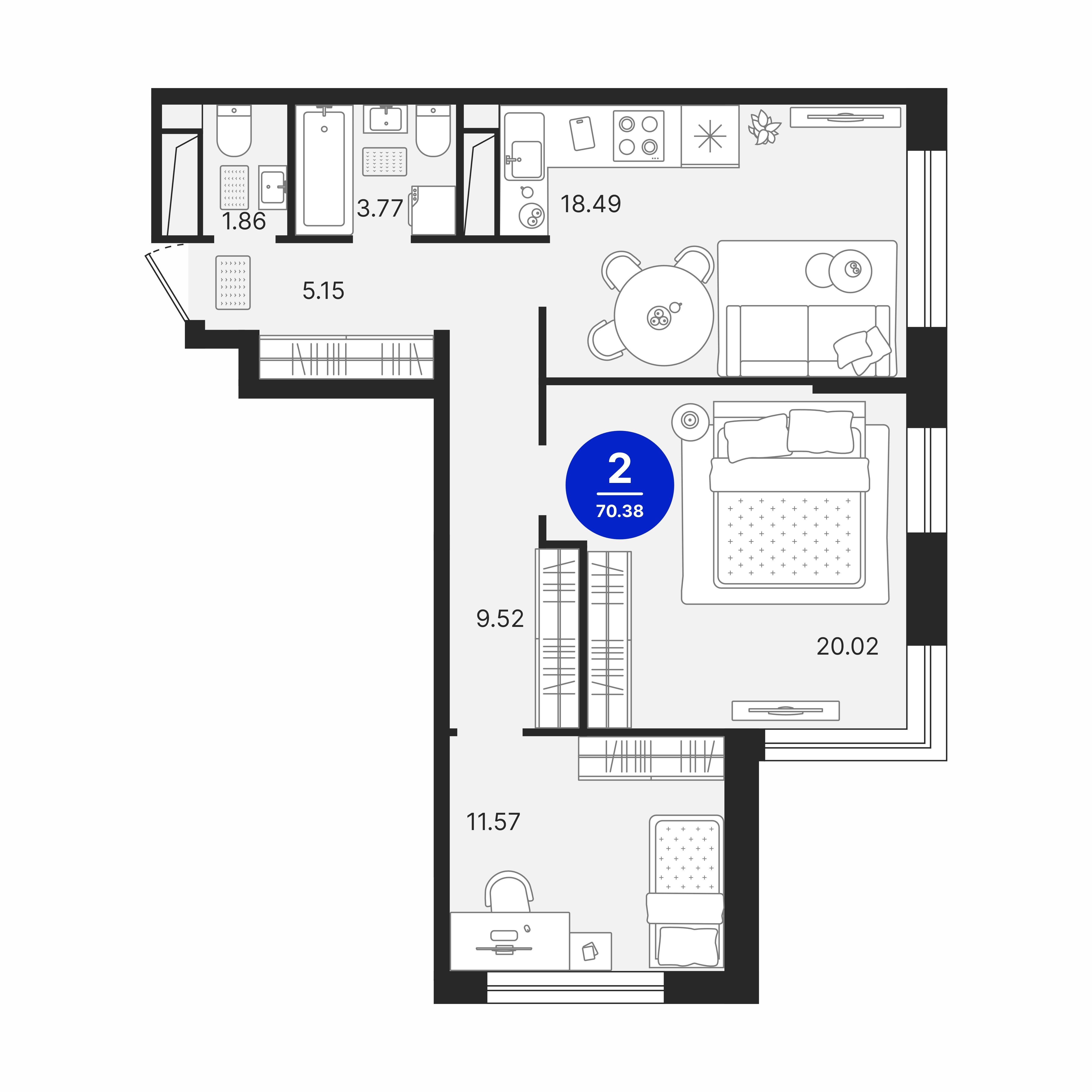 2-комнатная 70 м2 в ЖК Северное Сияние корпус null этаж 15