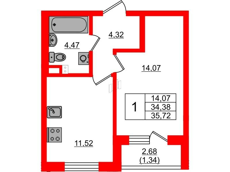 1-комнатная 34 м2 в ЖК Золотые купола. Новая История корпус null этаж 2