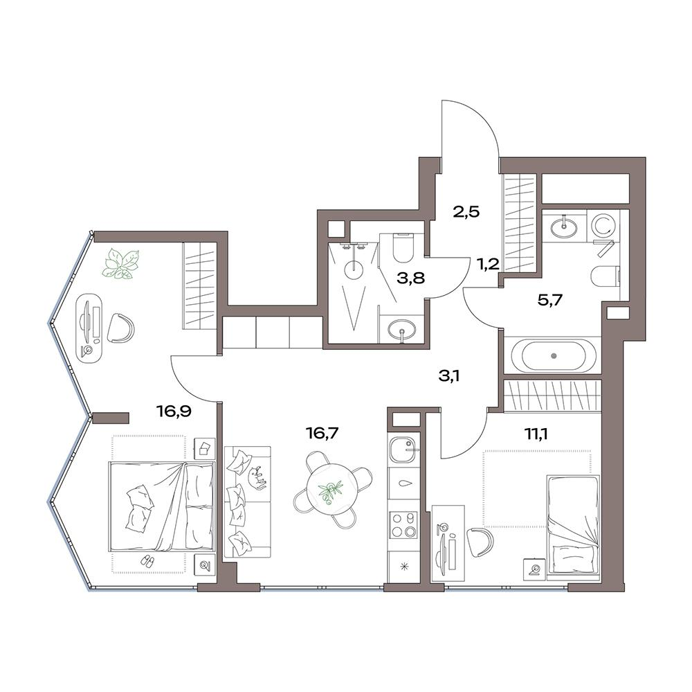 3-комнатная 61 м2 в ЖК Акценты корпус null этаж 29