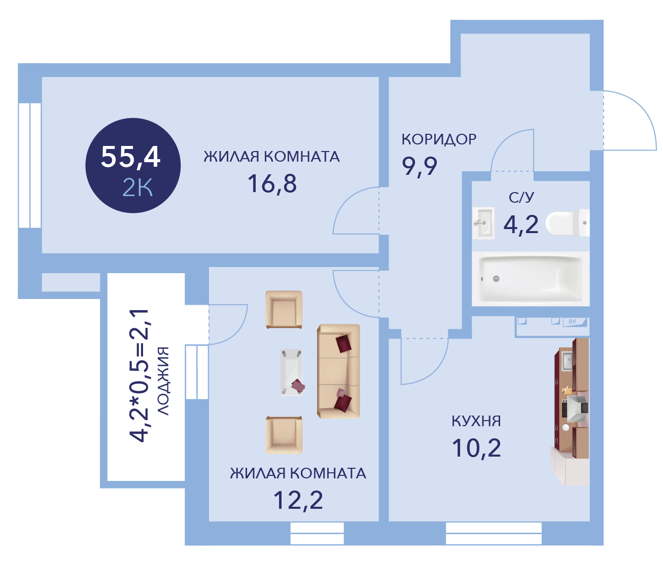 2-комнатная 55 м2 в ЖК Два Адмирала корпус null этаж 14
