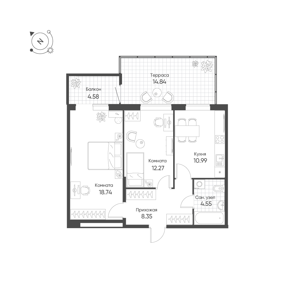 2-комнатная 60 м2 в ЖК Балтым-Парк корпус null этаж 1