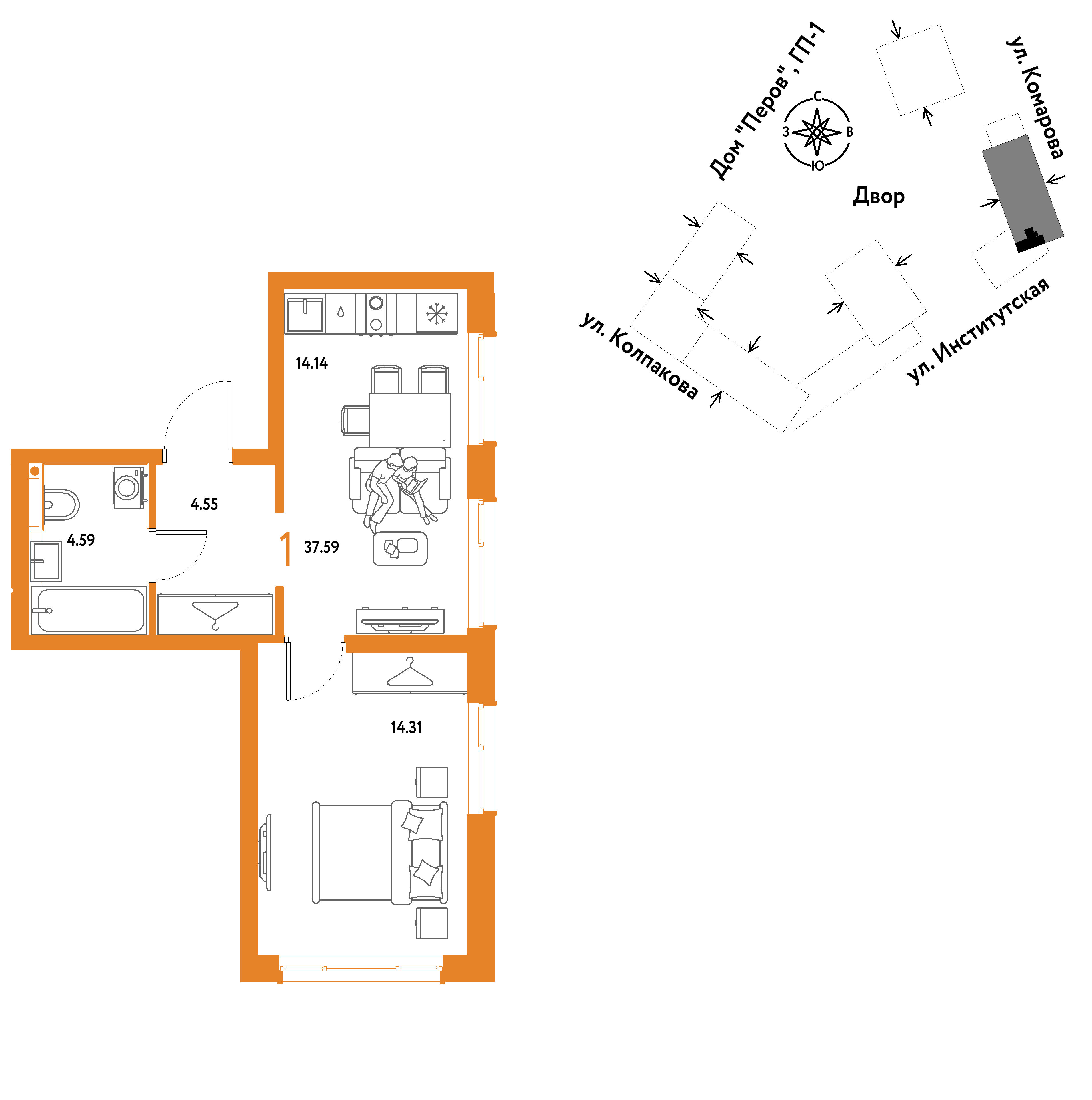 1-комнатная 37 м2 в ЖК Страна.Парковая корпус null этаж 13
