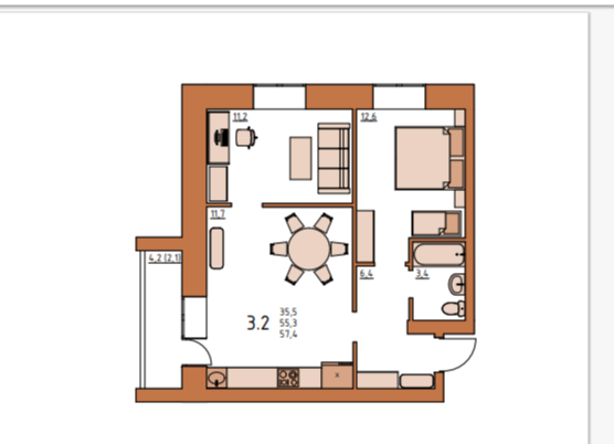 3-комнатная 57.5 м2 в ЖК undefined корпус null этаж 3