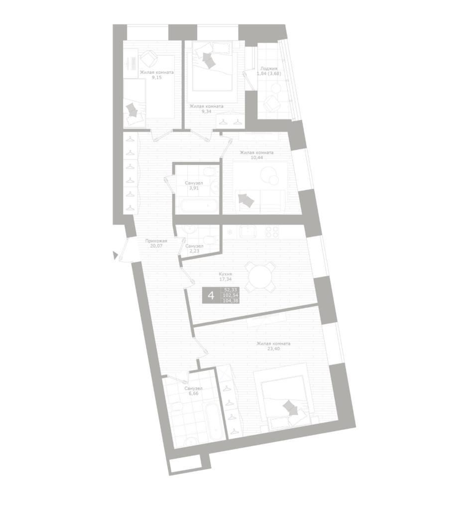 4-комнатная 99.7 м2 в ЖК undefined корпус null этаж 3