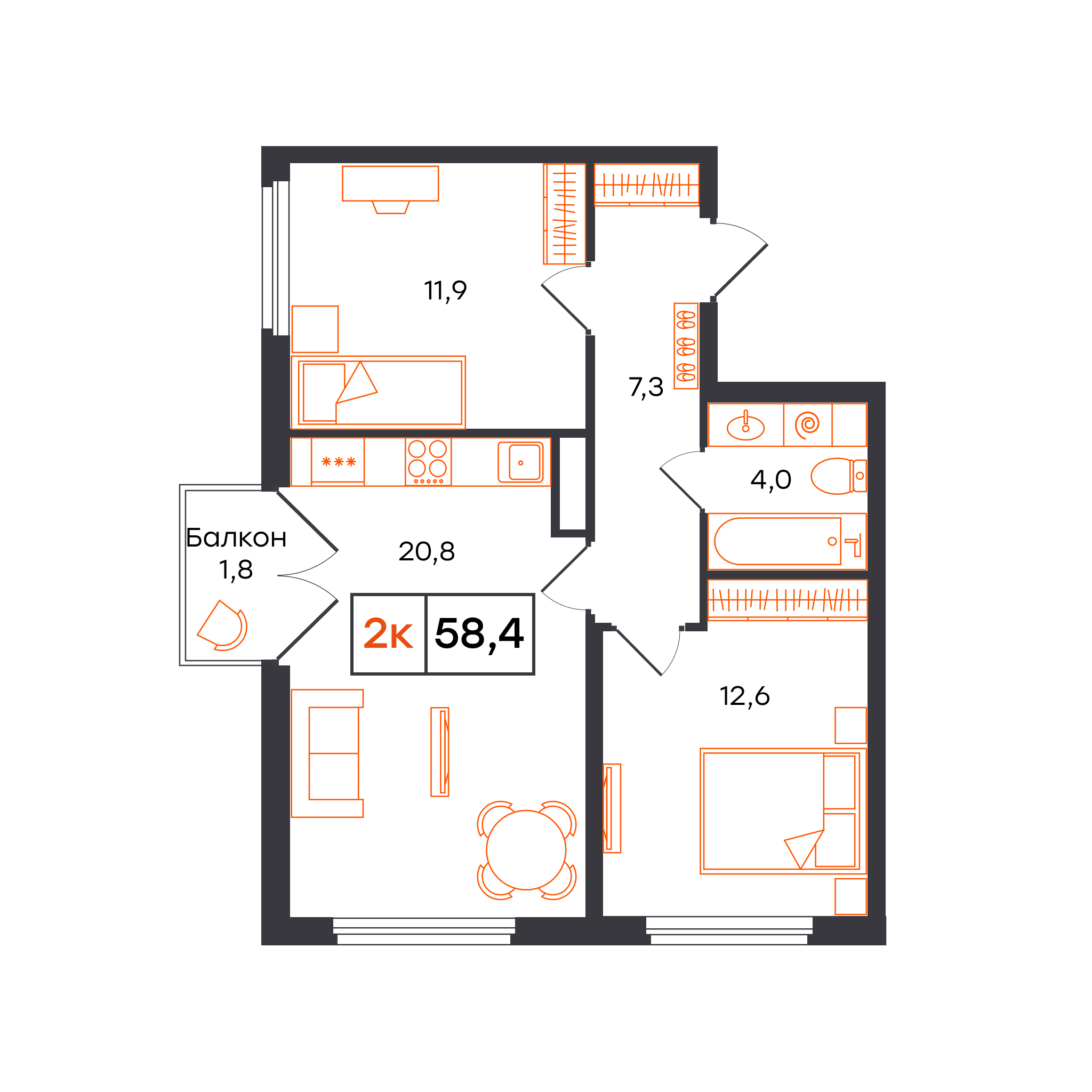 2-комнатная 58 м2 в ЖК Отличие корпус null этаж 3