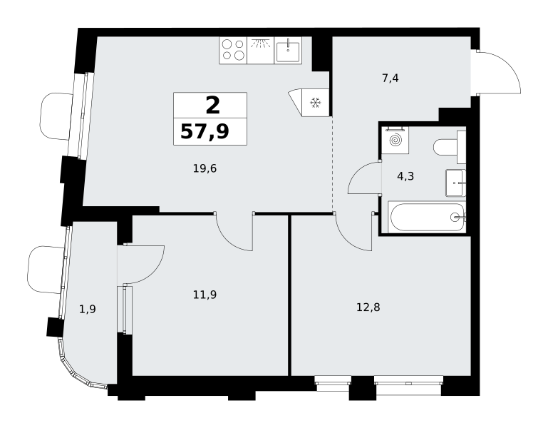 2-комнатная 57 м2 в ЖК Прокшино корпус null этаж 7