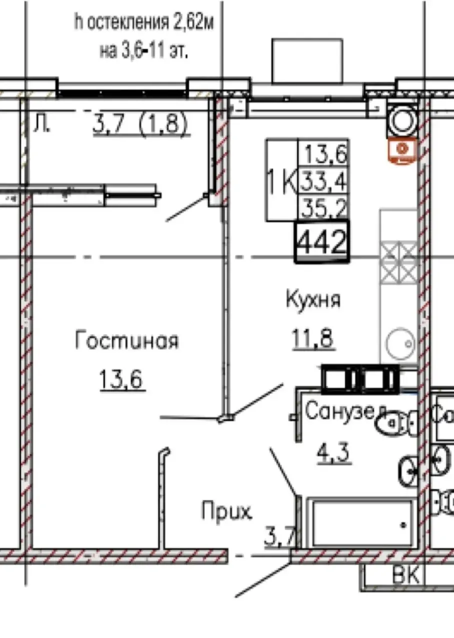 1-комнатная 35.2 м2 в ЖК undefined корпус null этаж 10