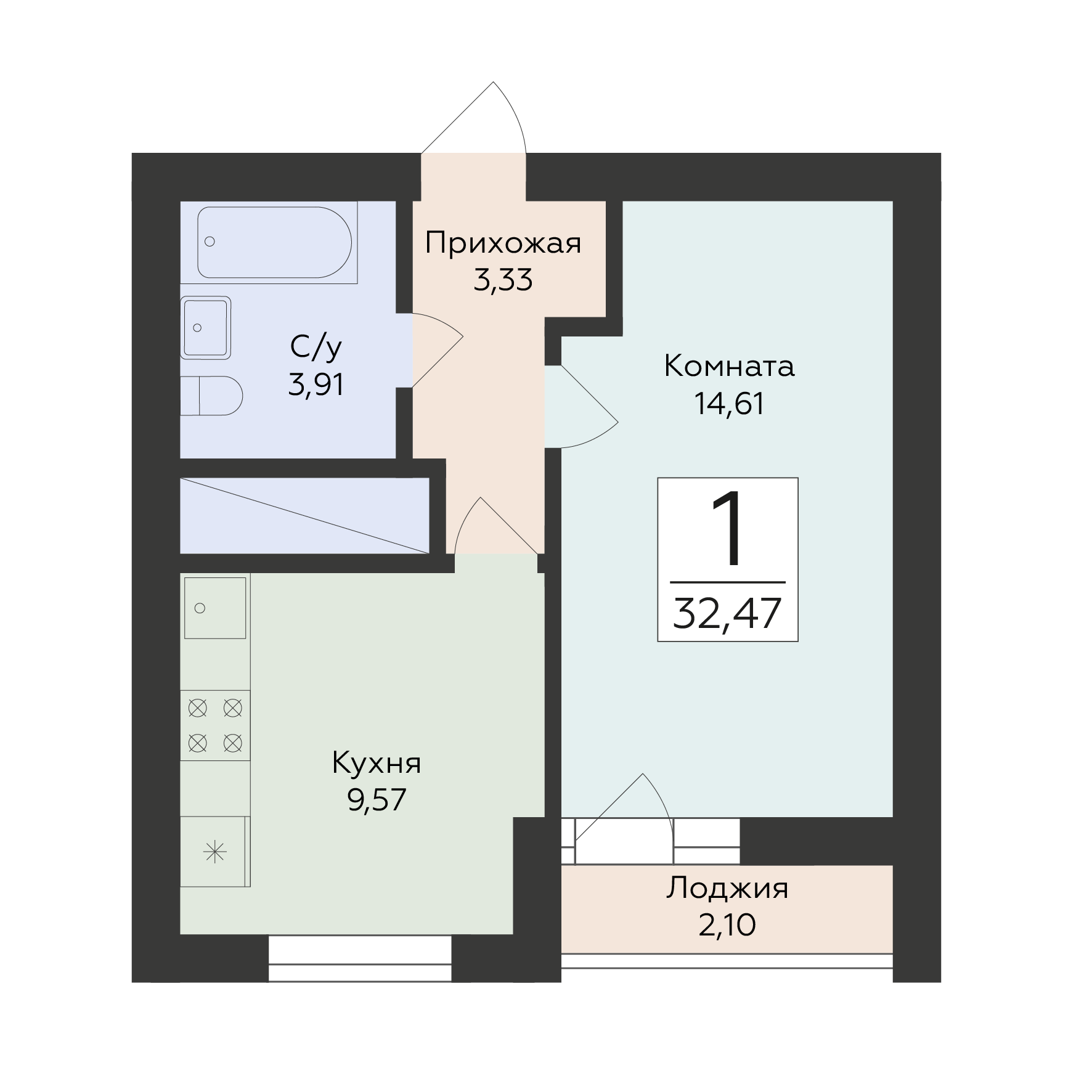 1-комнатная 32 м2 в ЖК Юность корпус null этаж 17