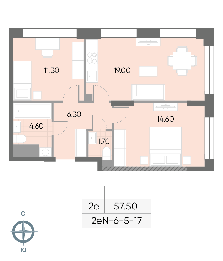 2-комнатная 57 м2 в ЖК Вейв корпус null этаж 11