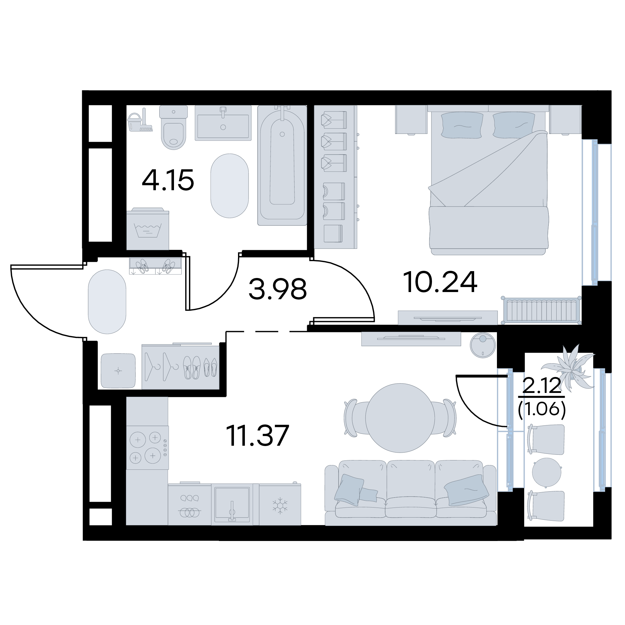 1-комнатная 30 м2 в ЖК GloraX Октябрьский корпус null этаж 16