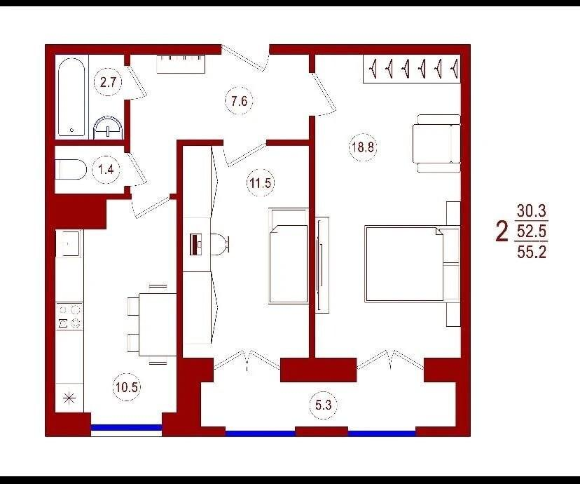 2-комнатная 53 м2 в ЖК undefined корпус null этаж 18