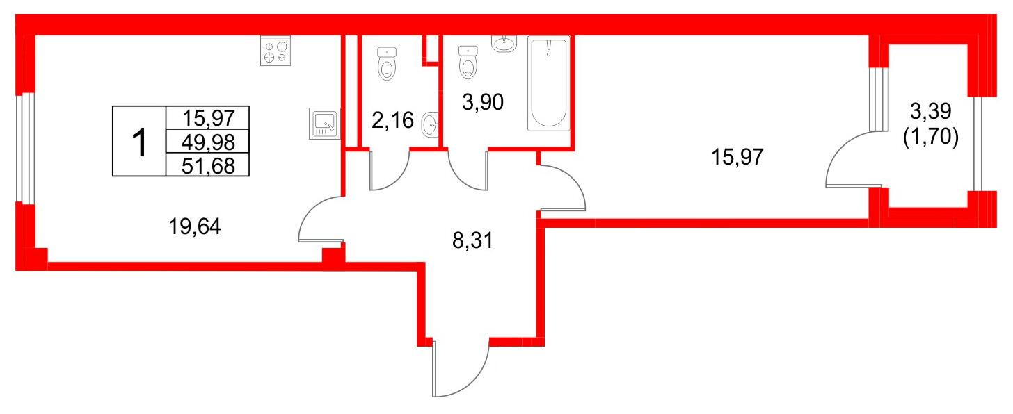 1-комнатная 51 м2 в ЖК Кронфорт. Центральный корпус null этаж 1