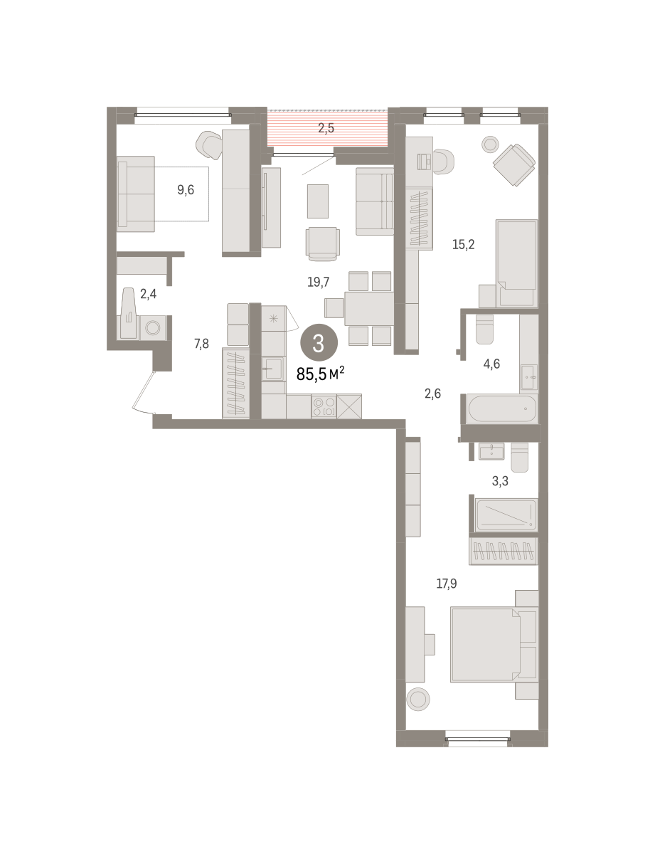 3-комнатная 85 м2 в ЖК Зарека корпус null этаж 5