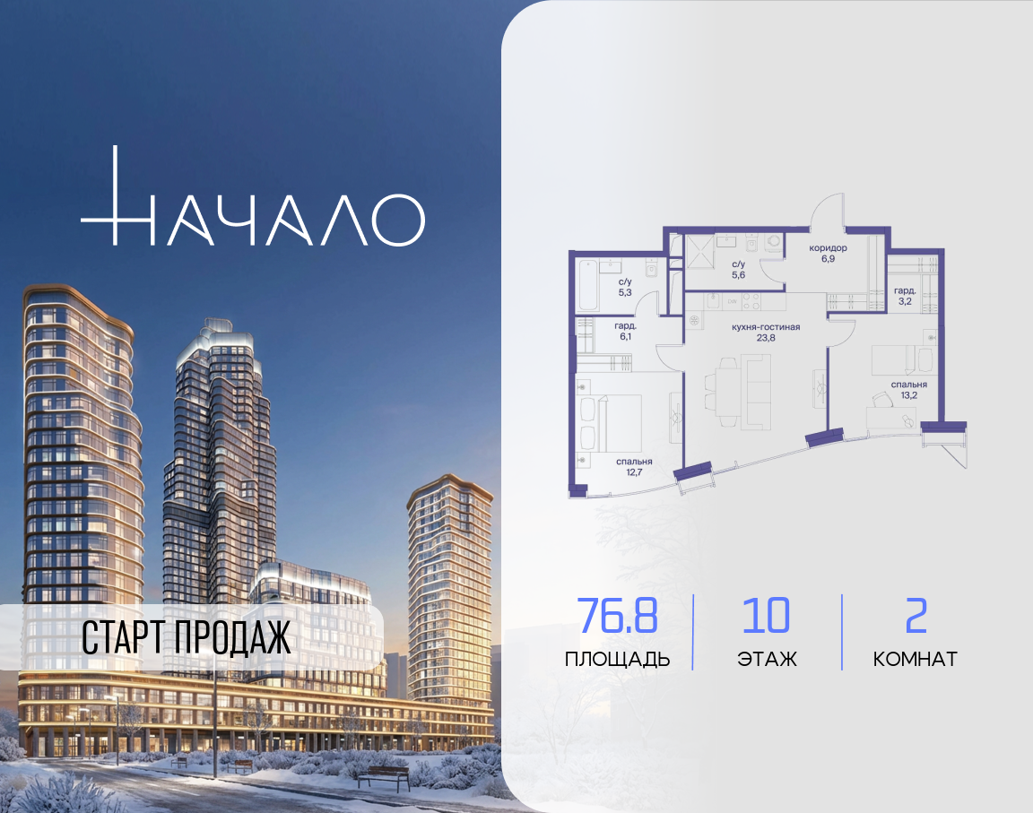 2-комнатная 76 м2 в ЖК Начало корпус null этаж 10