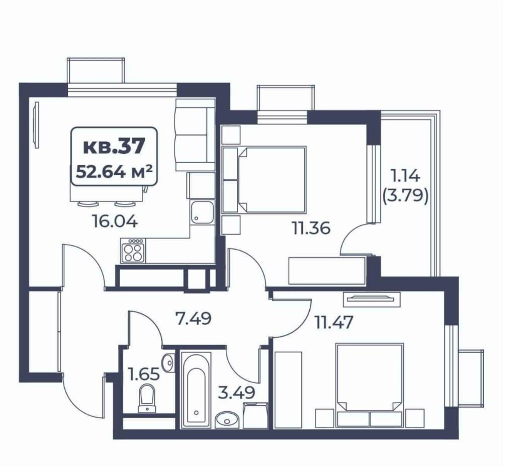 2-комнатная 52.6 м2 в ЖК undefined корпус null этаж 4