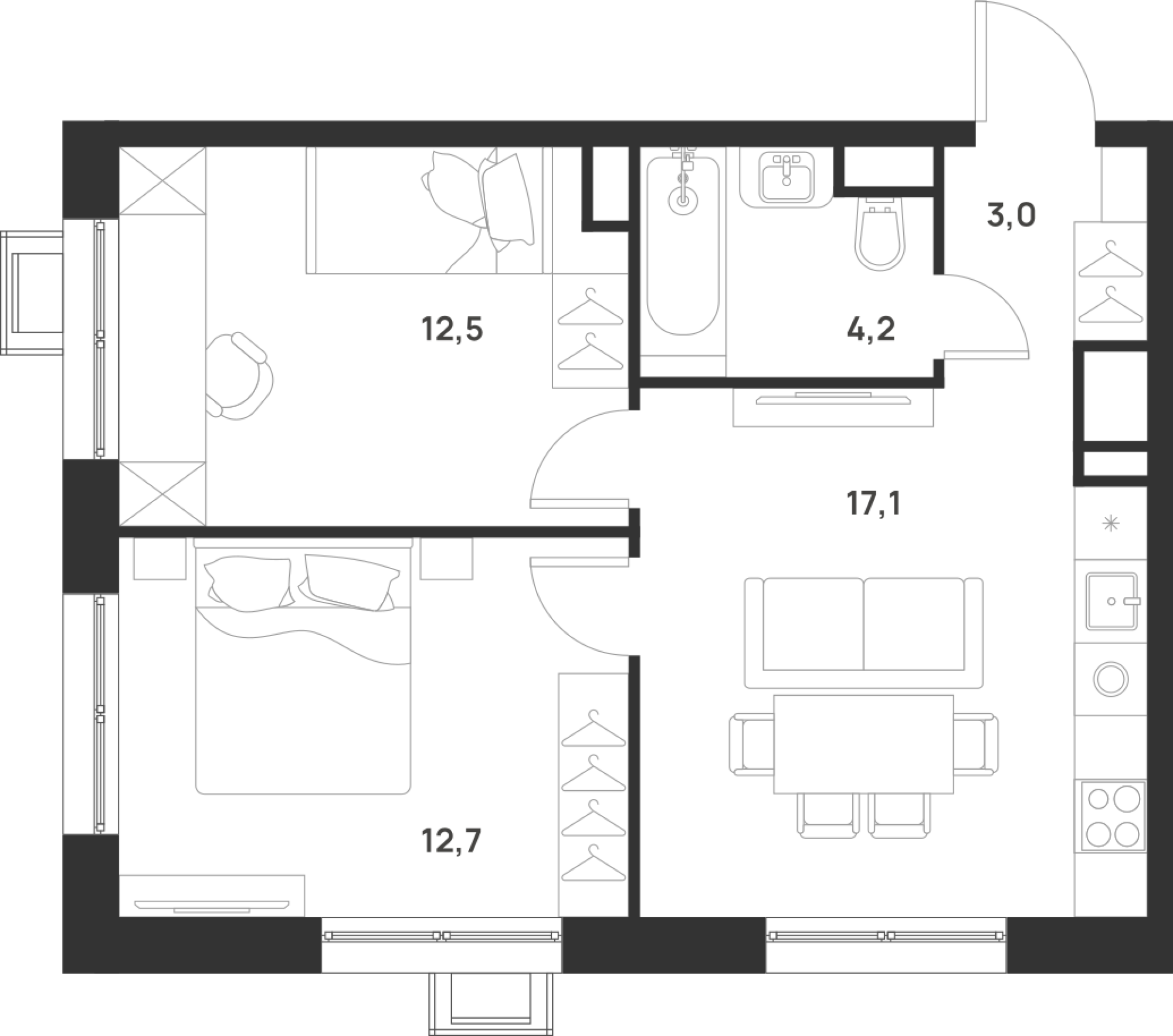 2-комнатная 49 м2 в ЖК Foreville корпус null этаж 2