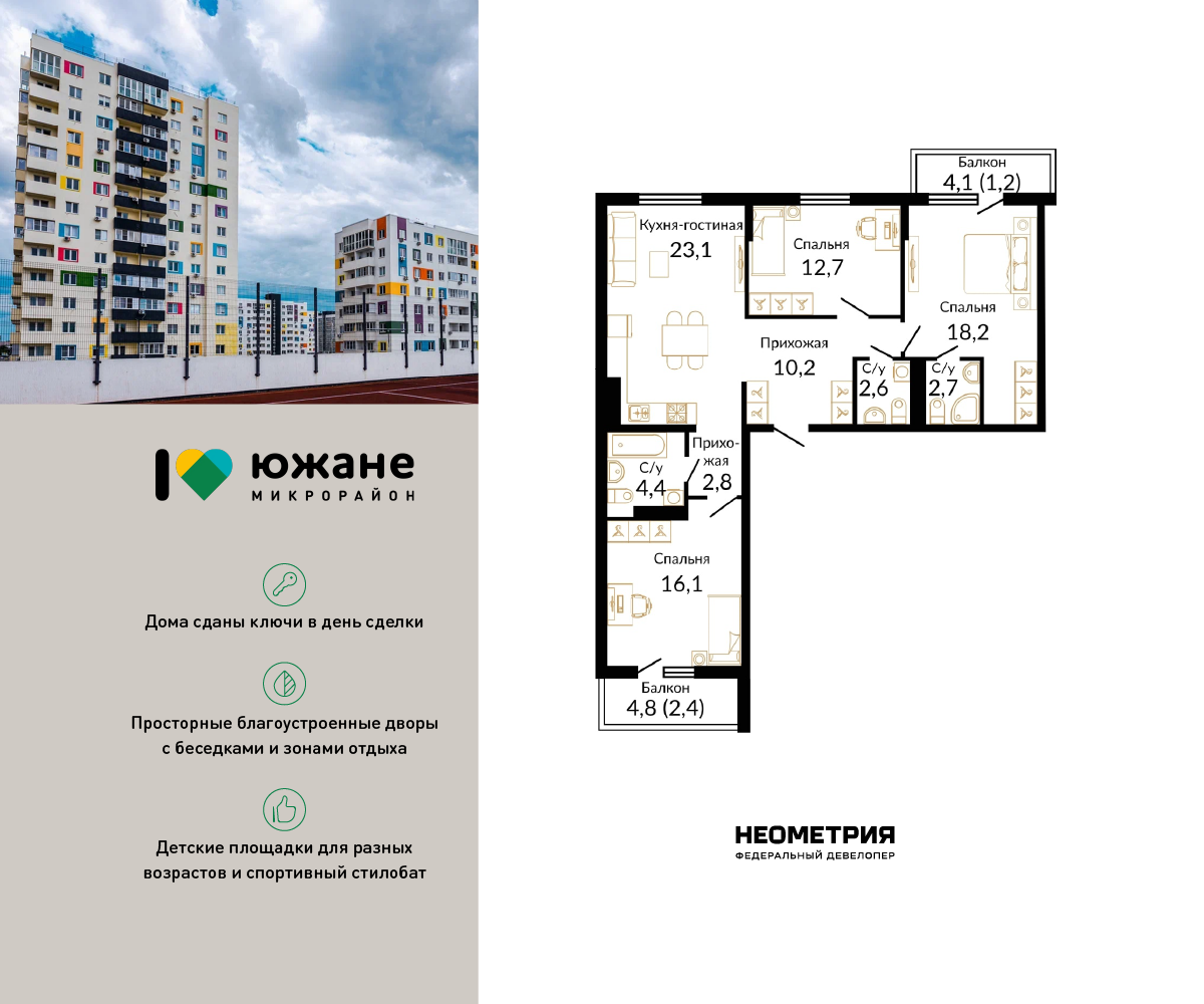 3-комнатная 98 м2 в ЖК Южане корпус null этаж 2
