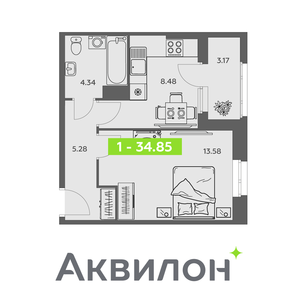 1-комнатная 34 м2 в ЖК Аквилон АКВАРТАЛ корпус null этаж 10