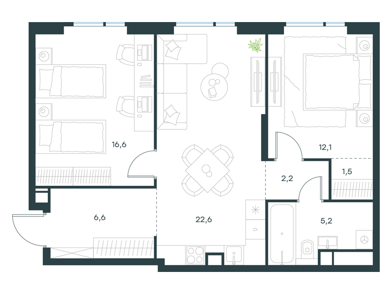2-комнатная 66 м2 в ЖК Level Войковская корпус null этаж 16