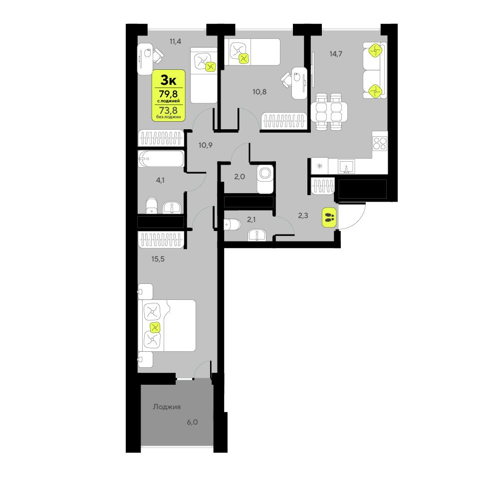 3-комнатная 79 м2 в ЖК Мотивы корпус null этаж 10