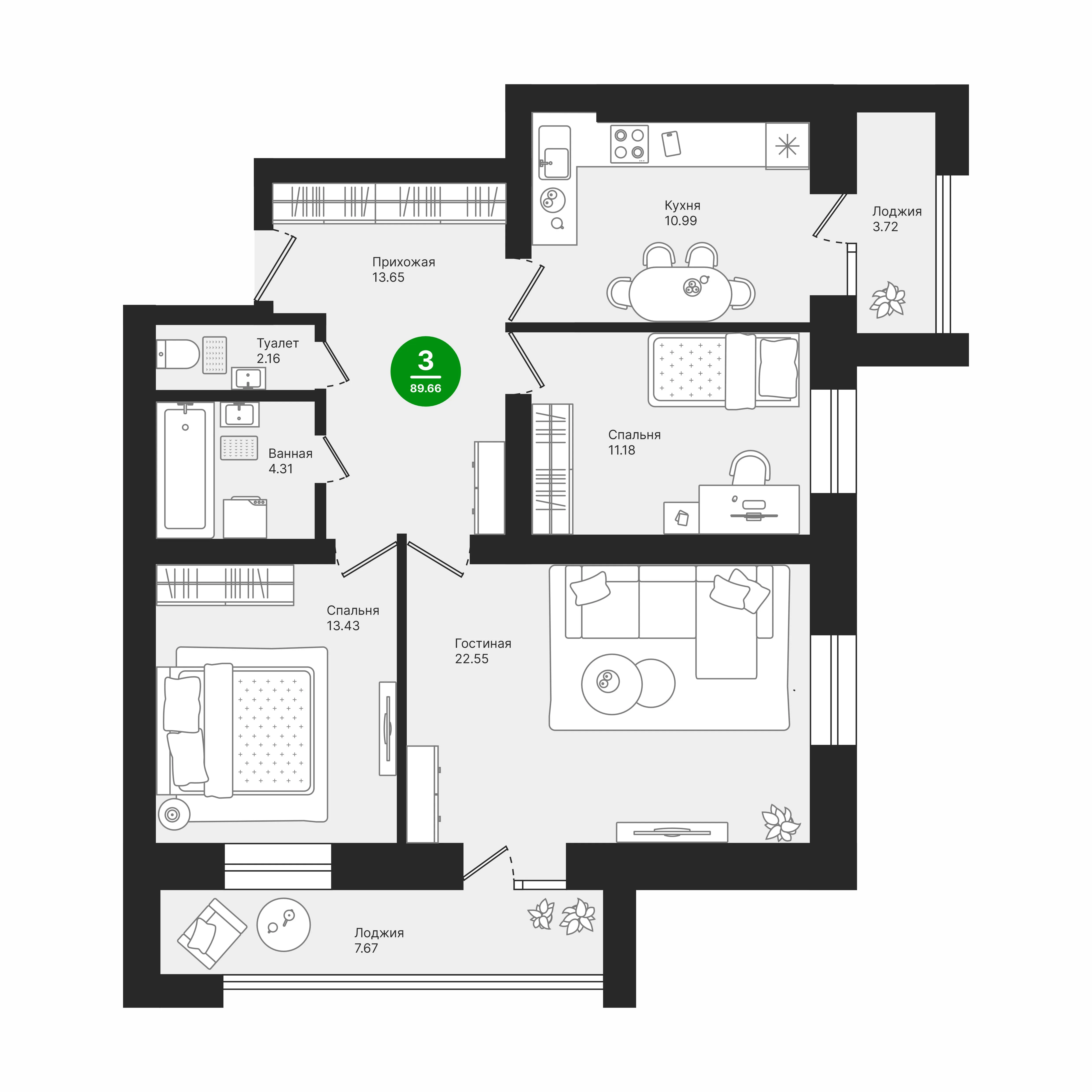 3-комнатная 89 м2 в ЖК Семеновка корпус null этаж 9