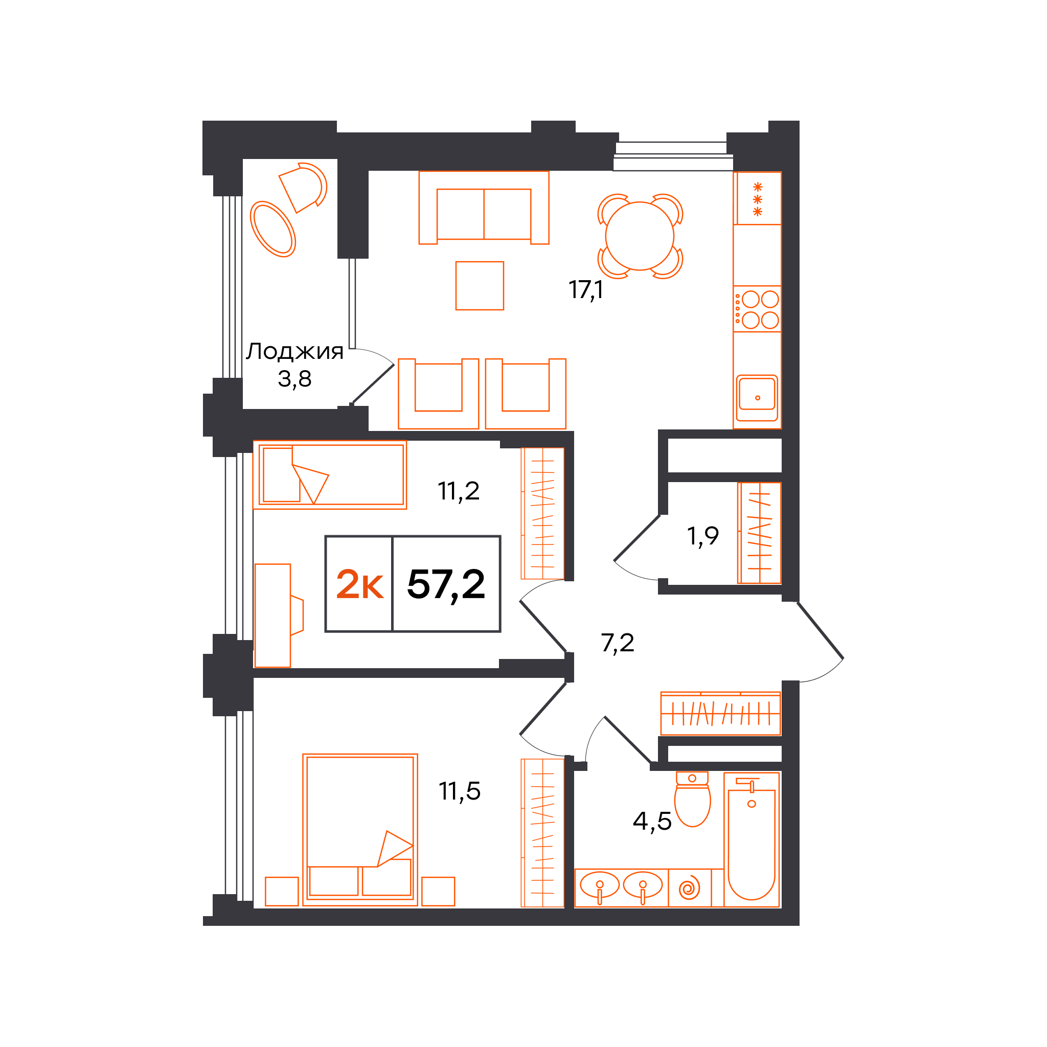 2-комнатная 57 м2 в ЖК Александровский корпус null этаж 2