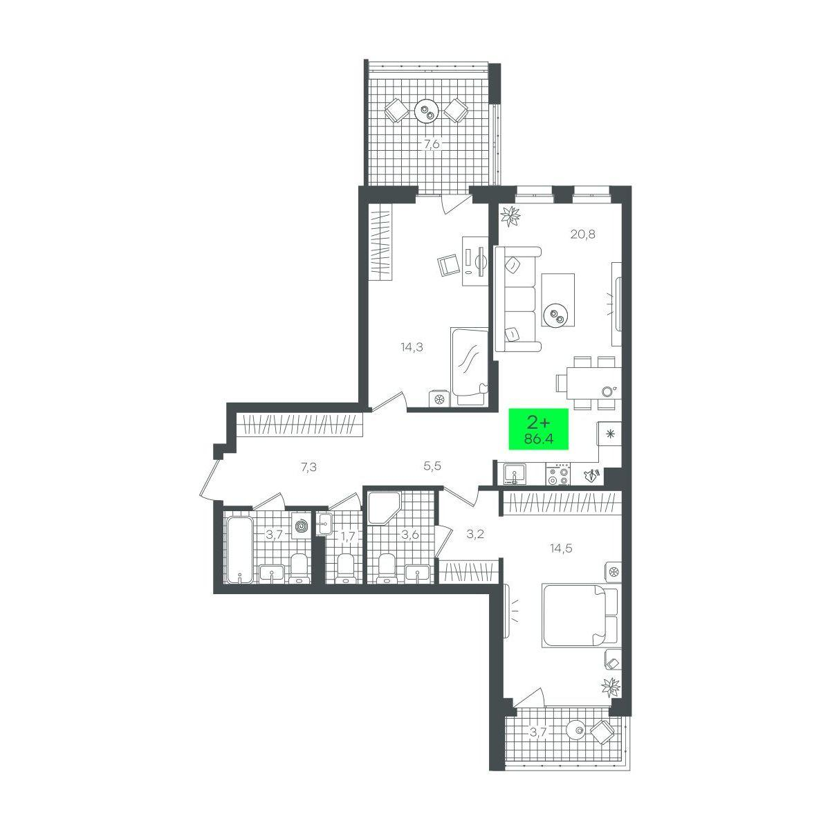 2-комнатная 86 м2 в ЖК Сезоны корпус null этаж 5