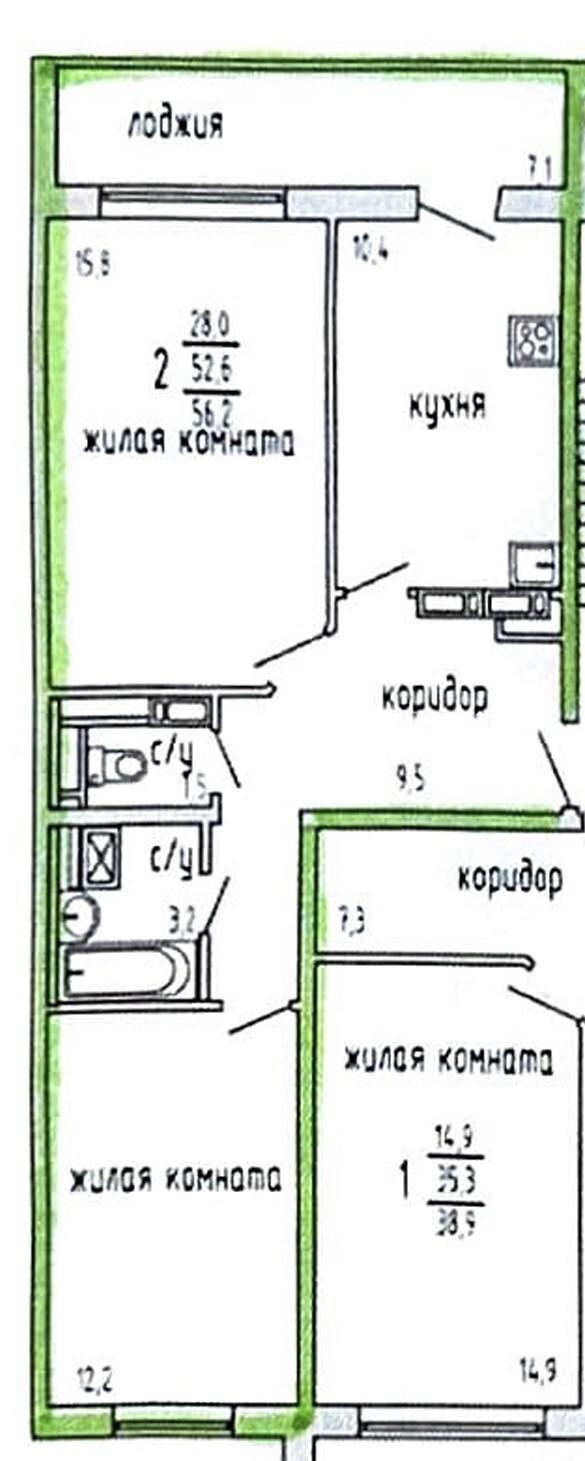 2-комнатная 52.9 м2 в ЖК undefined корпус null этаж 9
