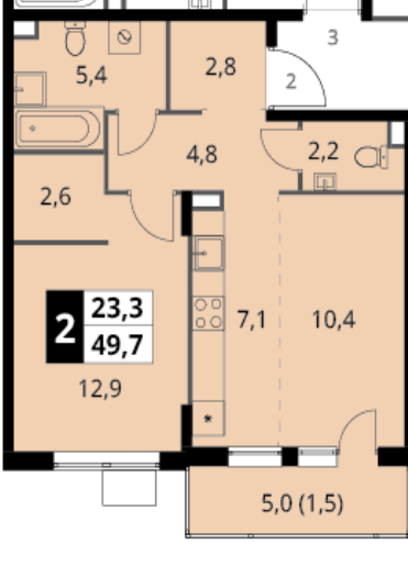 2-комнатная 49.7 м2 в ЖК undefined корпус null этаж 2