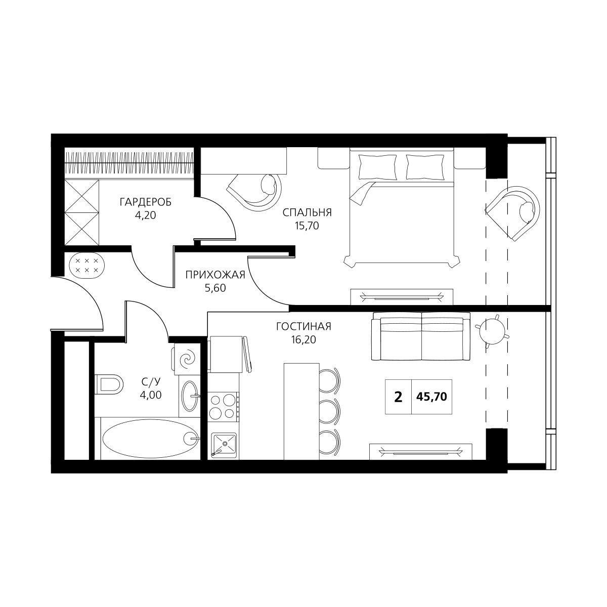 2-комнатная 45 м2 в ЖК Аксис Центр корпус null этаж 8