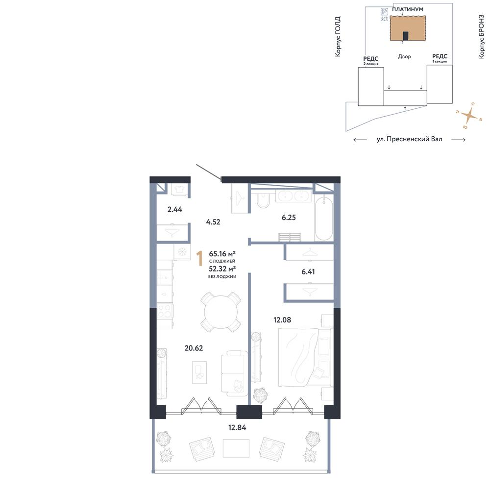 1-комнатная 65 м2 в ЖК Репаблик корпус null этаж 15