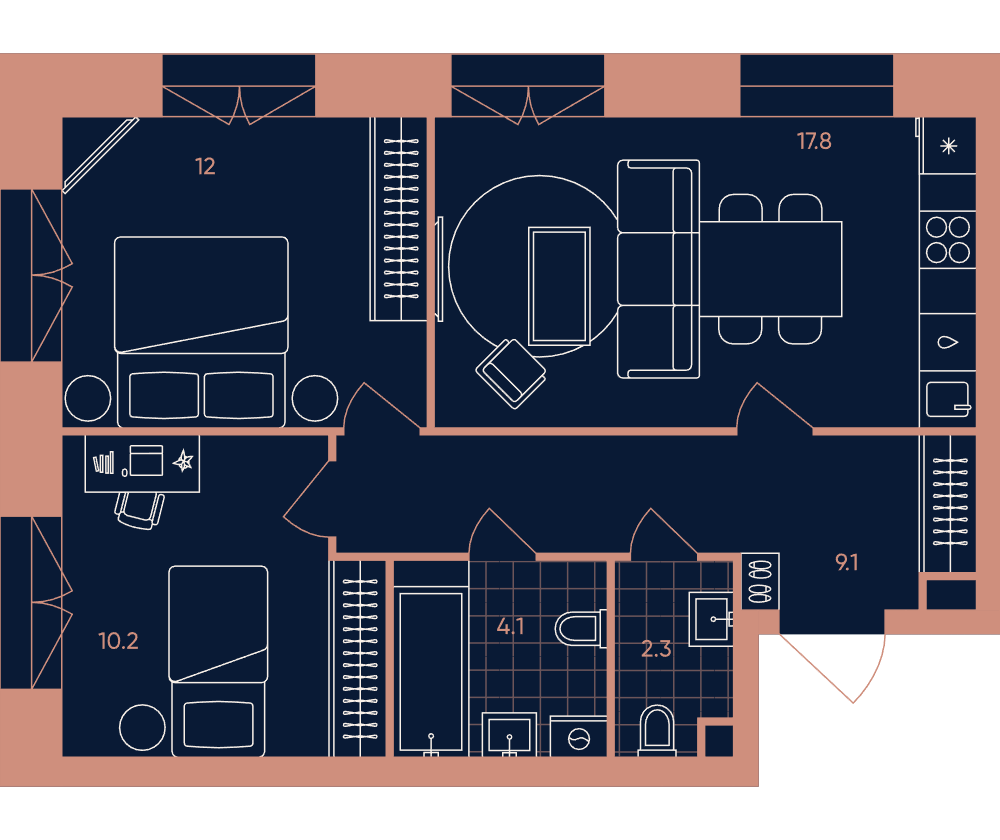 3-комнатная 55 м2 в ЖК ЭРА / Дербеневская 20 корпус null этаж 5