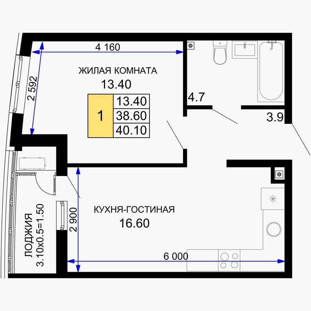 1-комнатная 40.1 м2 в ЖК undefined корпус null этаж 2