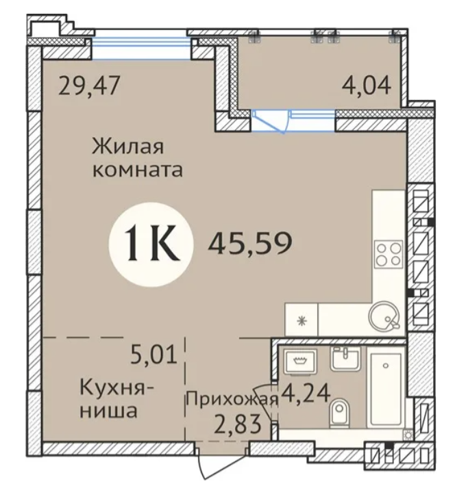 1-комнатная 45.6 м2 в ЖК undefined корпус null этаж 23