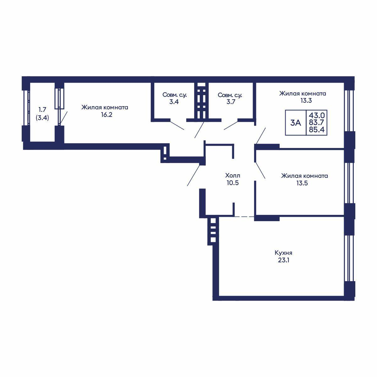 3-комнатная 85 м2 в ЖК Сила леса корпус null этаж 12