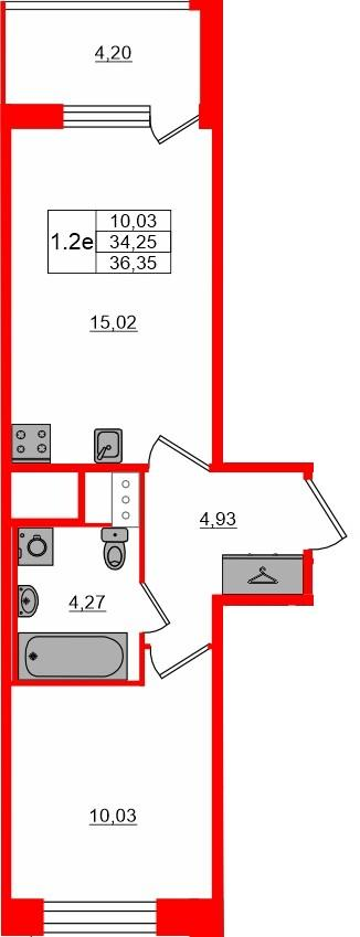 1-комнатная 34 м2 в ЖК Сэтл Лофт корпус null этаж 2
