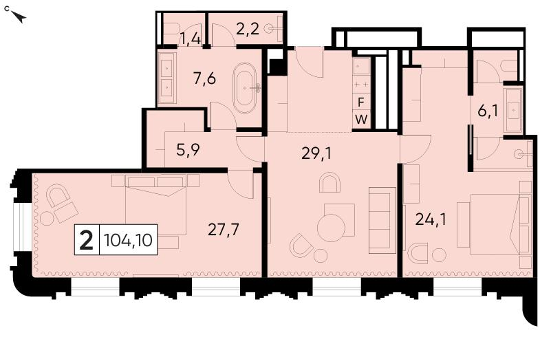 2-комнатная 104 м2 в ЖК Vesper Тверская корпус null этаж 8
