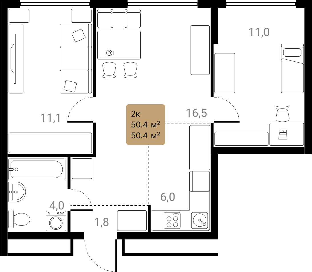 2-комнатная 50 м2 в ЖК Лесная коллекция корпус null этаж 25