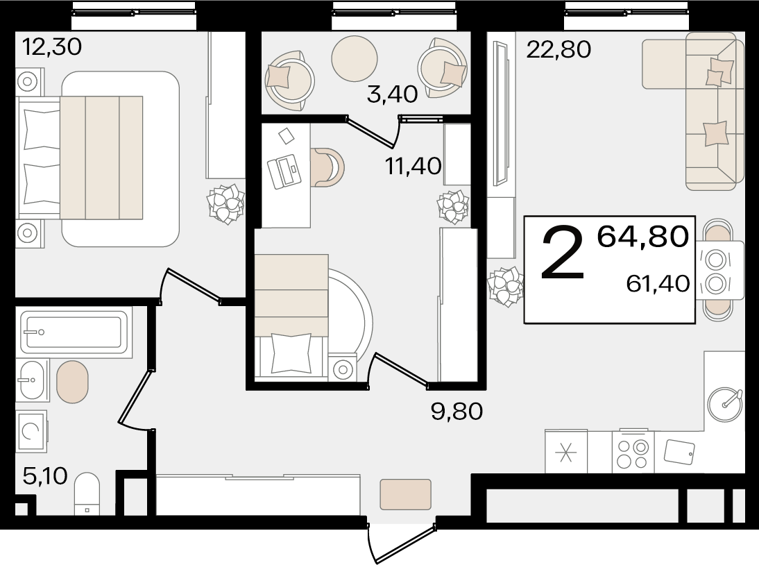 2-комнатная 64 м2 в ЖК Патрики корпус null этаж 11