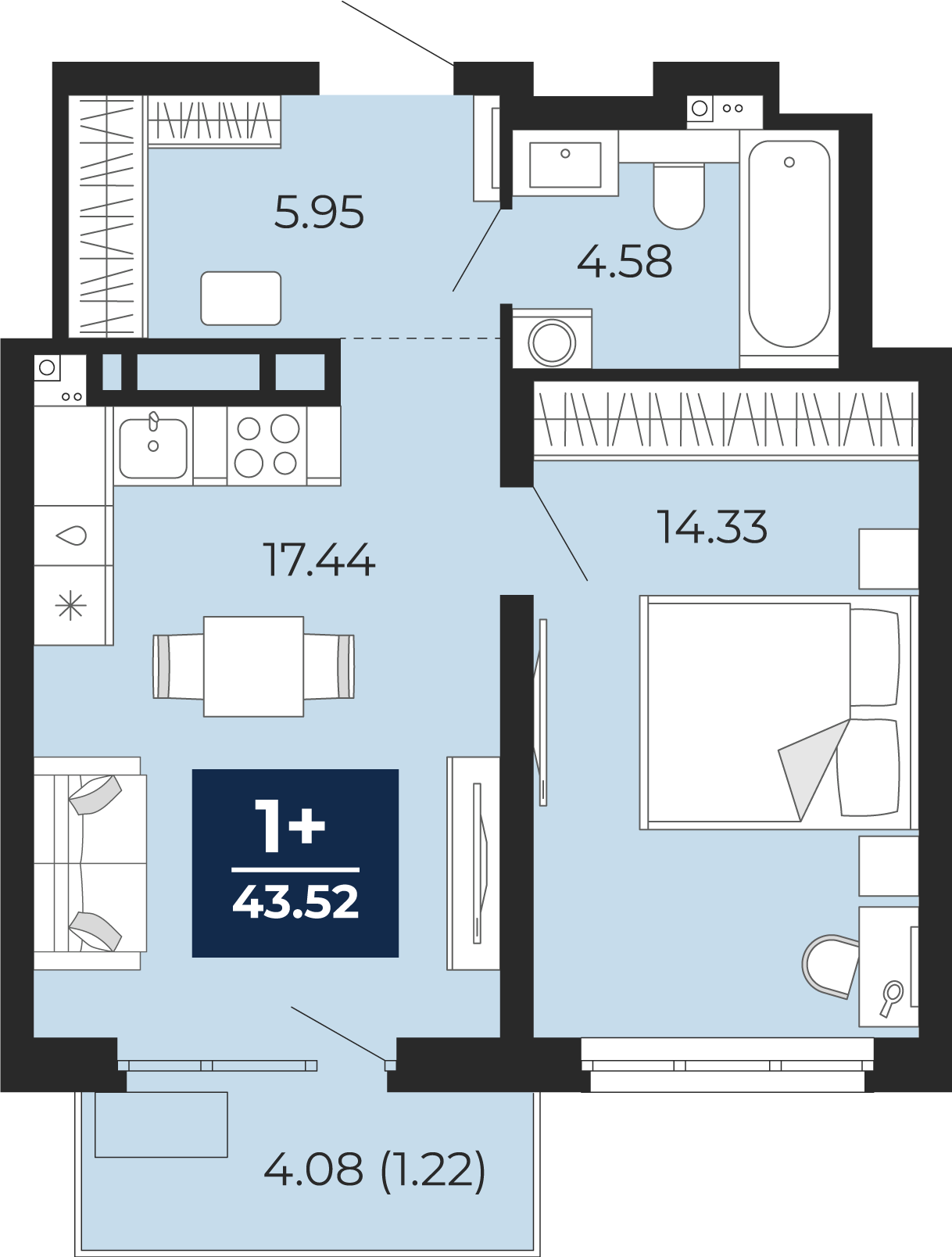 1-комнатная 42 м2 в ЖК Прео корпус null этаж 12