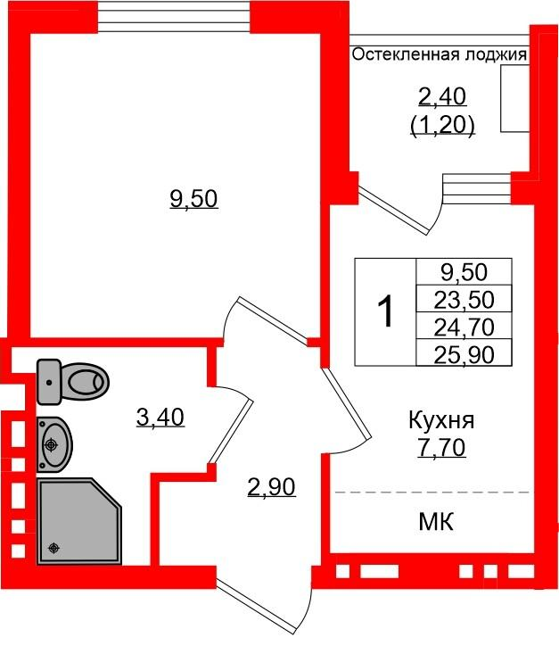 1-комнатная 24 м2 в ЖК Кроны и Волны корпус null этаж 1