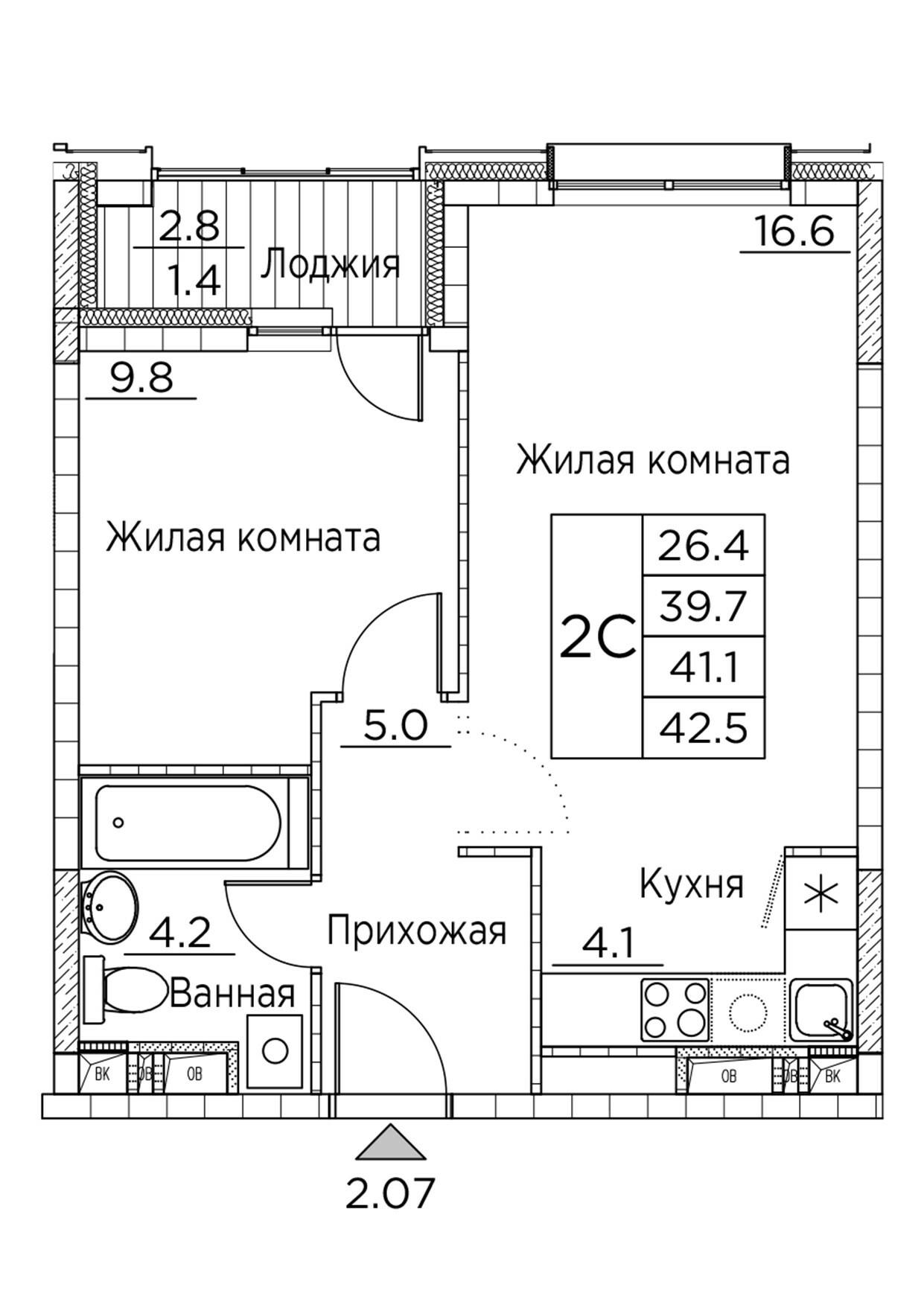 2-комнатная 42 м2 в ЖК Гринхилс корпус null этаж 18