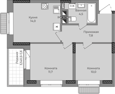 2-комнатная 51 м2 в ЖК Город-парк корпус null этаж 9