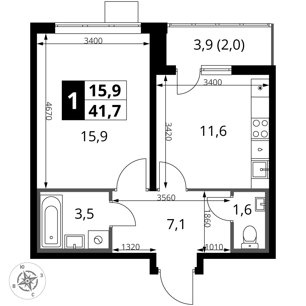 1-комнатная 41 м2 в ЖК 1-й Южный корпус null этаж 7