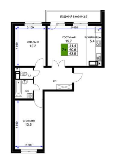 3-комнатная 63.5 м2 в ЖК undefined корпус null этаж 9