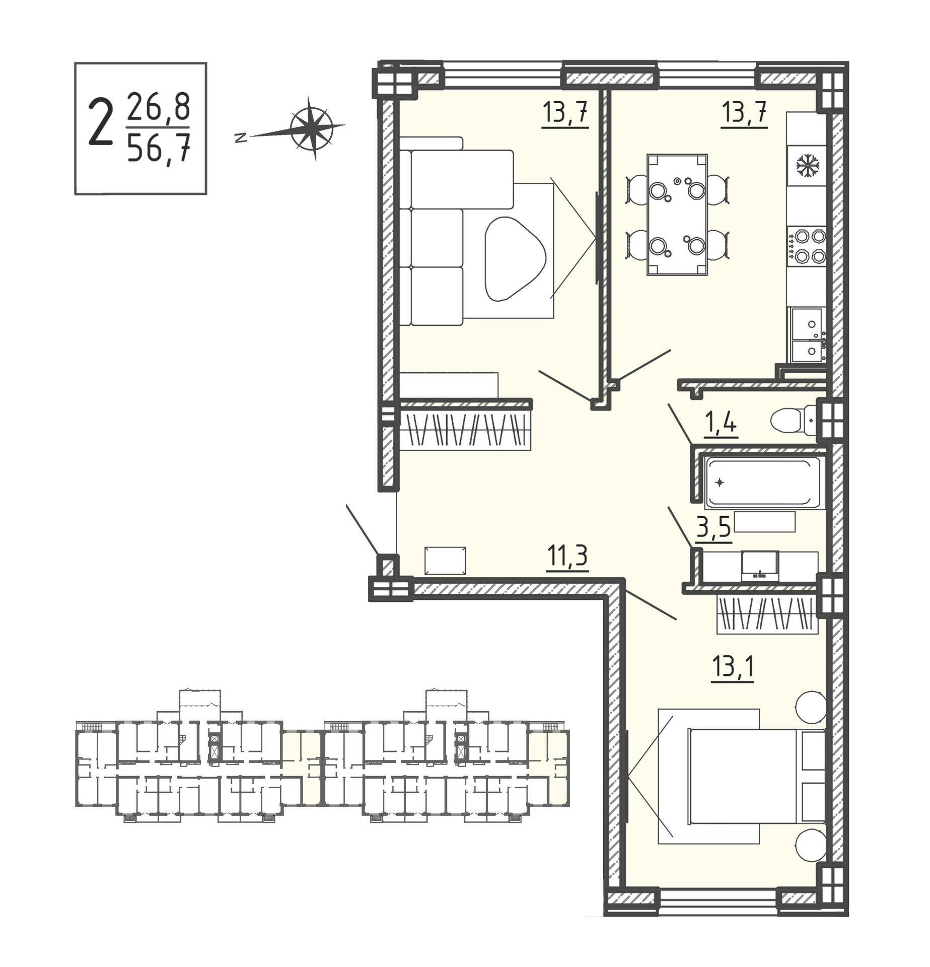 2-комнатная 56 м2 в ЖК Ю корпус null этаж 1
