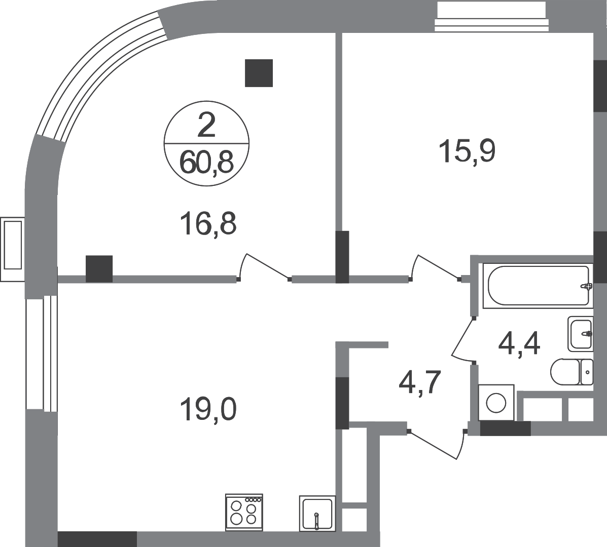 2-комнатная 60 м2 в ЖК Резиденции Сколково корпус null этаж 4